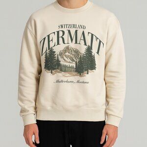 Hollister Sweatshirt Men M Relaxed Fit Switzerland Graphic Cream Crew Neck Top